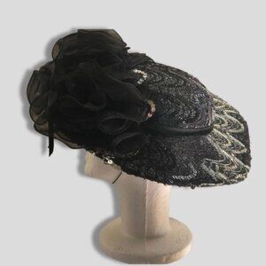 Sonni San Francisco Hat Vintage Sequin Beaded Lace Net Wide Brim Black/Silver OS